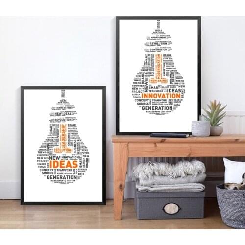 Word Cloud of Ideas Light Bulb Posters and Prints Modern Minimalist Innovation Quotes Wall Art Canvas Painting Home Room Decor