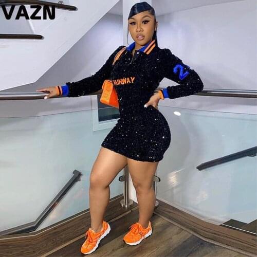 VAZN 2020 Hot Plus Size High-end Sexy Overalls Elegant Young Heavy Industry Sequined Full Sleeve Women High Waist Mini Dress