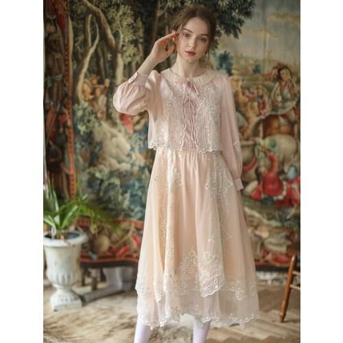 Spring Autumn Dress Women Vintage Elegant Slim Luxury Embroidery Pink Midi Dress Sweet Long Sleeve Casual Fake Two Piece Dress