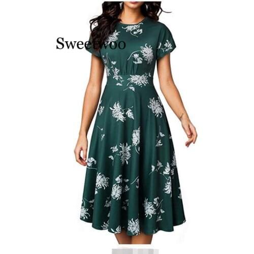 Vintage Women Floral Print Wiggle A-line Dress Elegant Summer Pleated Party Dress