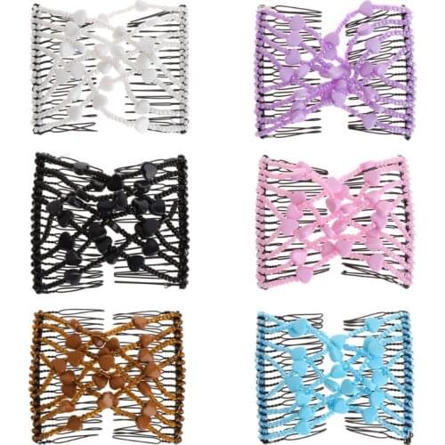 Magic Comb Women Hair Clip Elastic Double Heart Shape Beads Elasticity Accessory