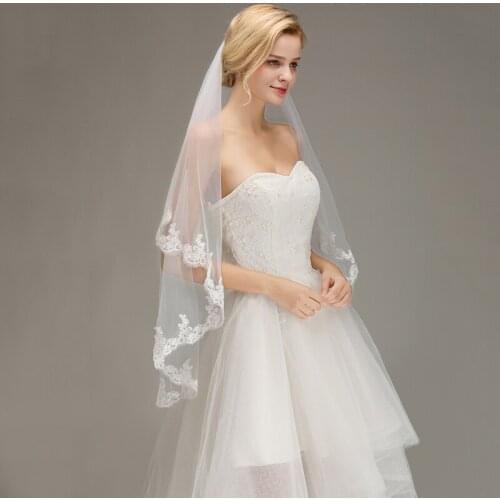 Voile Mariage 1.5M Ivory Lace Short Wedding Veil with Comb Two Layers Tulle Bridal Veil Cheap Wedding Accessories Veu de Noiva