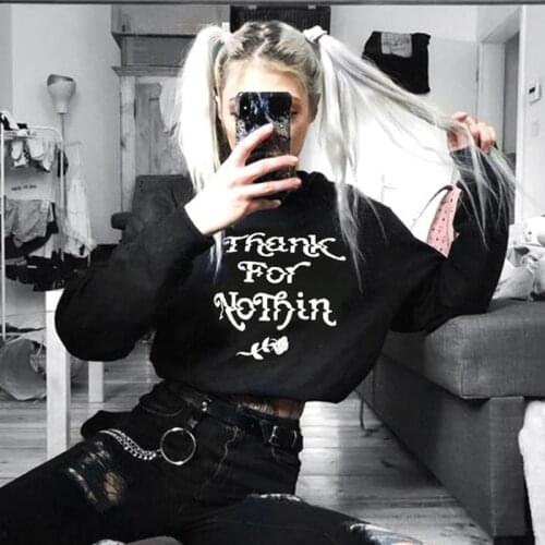 Harajuku Letters Printed T-shirt Women Long Sleeve Loose Crop Top Tees Streetwear Punk Gothic Dark Grunge Black T-shirts Female