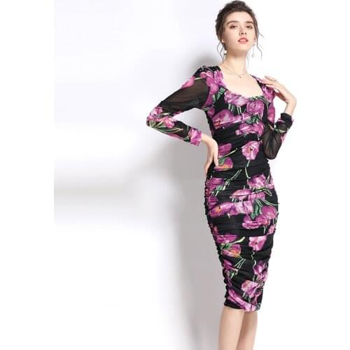 Banulin 2021 Autumn Runway Designer Mesh Ruched Sheath Midi Dress Women Rose Print Square Collar Bodycon Party Folds Vestidos