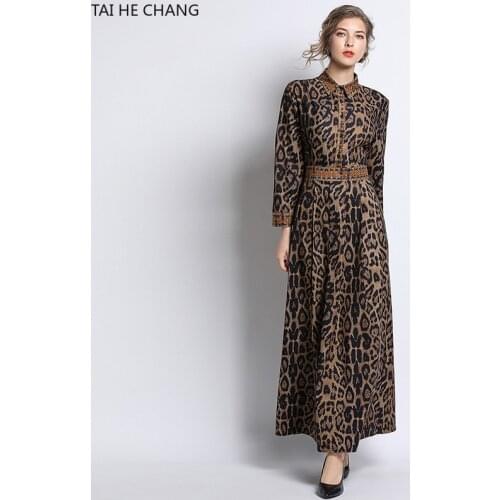 2019 Women Dress New Fashion Retro Spring Summer Elegant Bodycon Vintage Party Runway Print Leopard Shirt Work Maxi Dresses