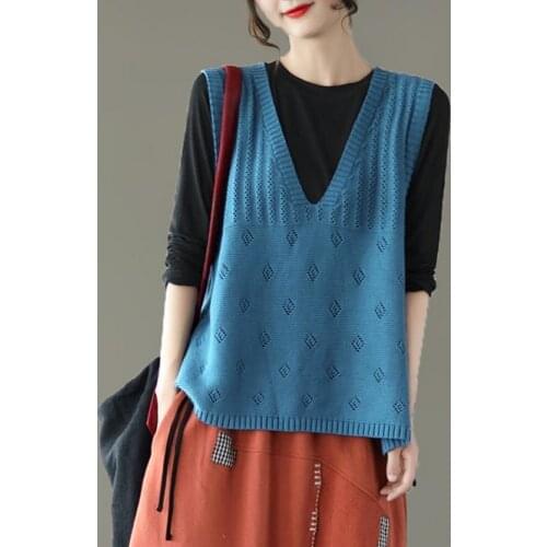 2021 New Spring Autumn Vintage Sweet Hollow Out Knitted Wool Womens Vest V-neck Pullover Girl Outdoor Leisure Simple BLue