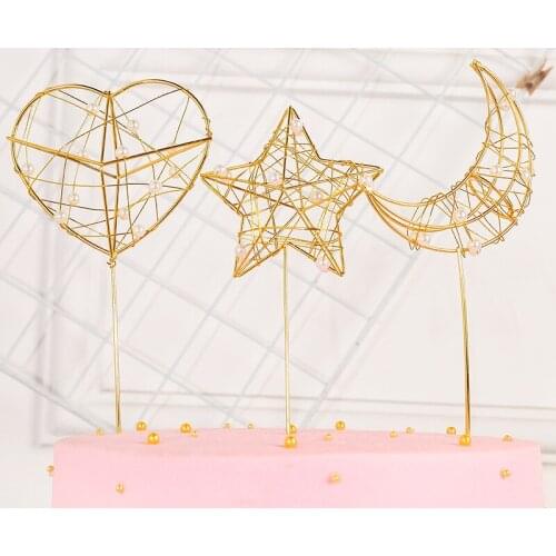 1 Pcs Sweet Metal 3D Hollow Out Pearl Heart Cake Toppers Star Moon Baking Cupcake Toppers Stick Cake Decorating Supplies