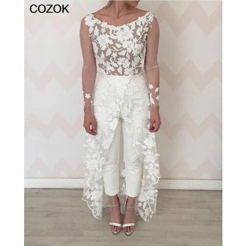 2021 Lace Overskirts Jumpsuits Wedding Dresses Sleeveless A Line Boho Beach Bohemian Bridal Gowns