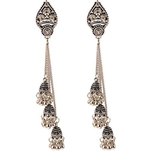 Bohemian Oxidized Bells Tassel Jhumka Indian Bridal Earrings Gold Jewelry for Women Wedding Ethnic Tribal Afghan Gypsy