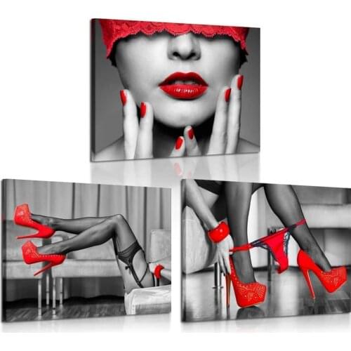 Black and Red Canvas Prints High Heel Fashion Shoes Canvas Art Print Sexy Woman Lips and Legs Poster Framed Art Work Stretched