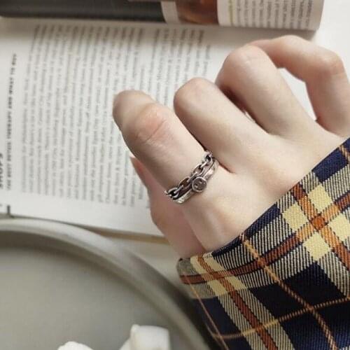 Retro Double Layer Silver Plated Lock Chain Stackable Smiling Face Thai Ring Rings For Women Men Jewelry Silver Color