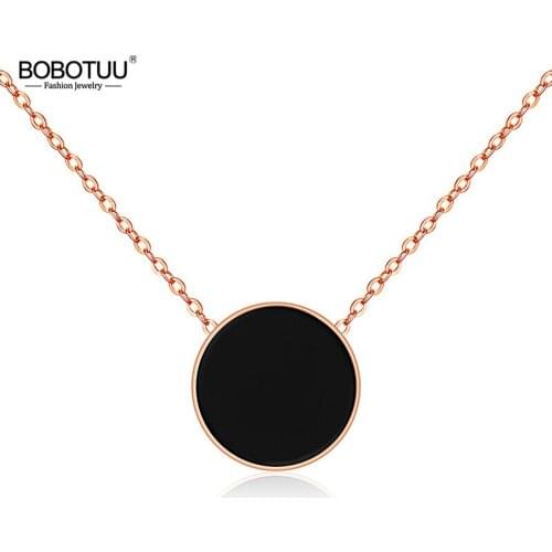 BOBOTUU Stainless Steel Black Acrylic Short Chokers Necklaces For Women Rose Gold Fashion Chain & Link Pendant Jewelry BN17057