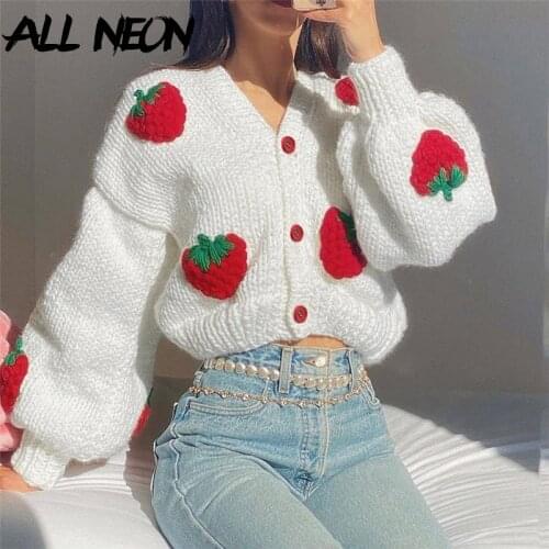 ALLNeon Kawaii Fashion Strawberry Knitted White Cardigans Oversize 2000s Streetwear Lantern Sleeve Cute Jumper Autumn Winter