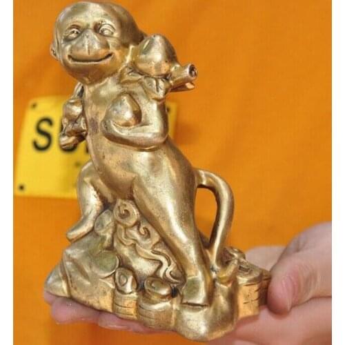 China Feng Shui brass longevity peach Zodiac animal monkey lucky statue