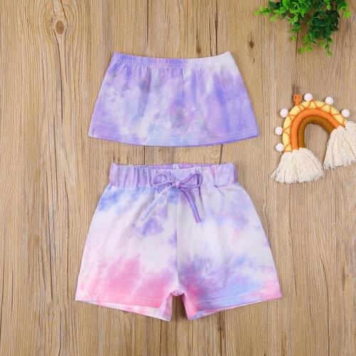 Summer Girls Fashion Casual Tie-dye Clothes Set High Stretchy Sleeveless Cropped Tops + Elastic Waist Drawstring Short Pants