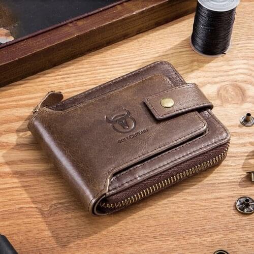 TopFight First Layer Cowhide Wallet with Zipper Mens Button Multiple Credit Card Pockets Holder Protector Wallet Cover Coin