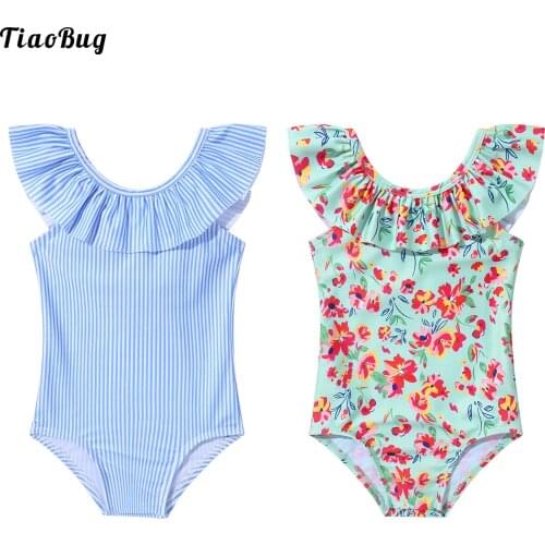 TiaoBug Infant Baby Girls 1Pc Swimming Suit U Neck Ruffled Wide Shoulder Straps Open Back Bowknot Floral Print Leotard Swimwear