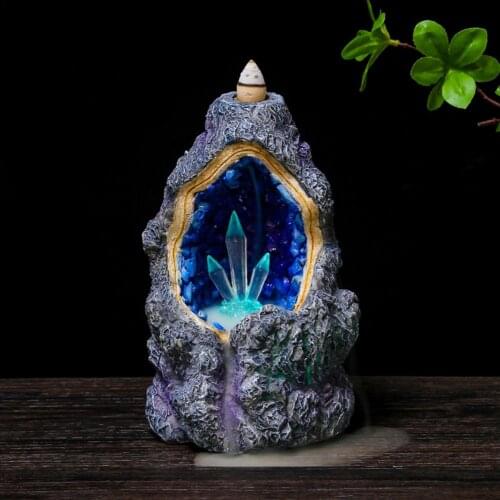 Smoke Waterfall Backflow Incense Burner Exquisite Incense Holder with LED Light Portable Resin Censer Handicrafts Home Decor