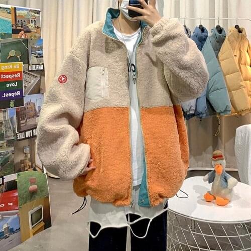 Loose Fit Contrast Fleece Jackets for Teen Boys 2020 Fashion Trends Oversized Streetwear Mens Winter Clothing Warm Padded Coats