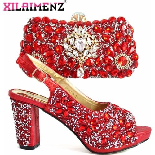 Ins Hot Selling African Design Italian Women Shoes and Bag To Match High Quality with Shinning in Red Crystal For Wedding
