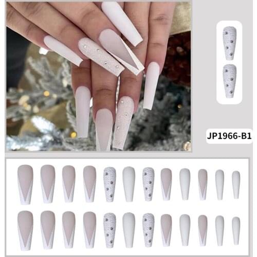 With Diamond Designs Matte V Style French Glitter White Nails Presson Ballet Extra Long Fake Fingernail JP1966-B1