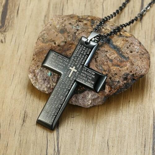 Mens Stainless Steel Father Lords Prayer Cross Pendant Necklace Bible Matthew 6:9-13