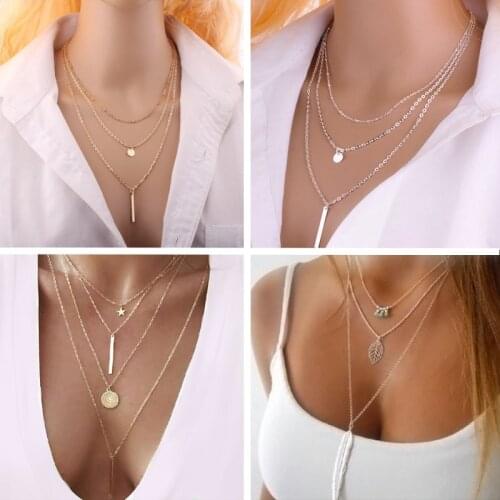 2021 New Fashion Necklace Gold Silver Copper Bead Chain Sequins Metal Leaf Multi-layer Necklace Jewelry