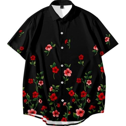 Casual Hawaiian Shirt Mens Summer New Black Floral Printed Beach Shirts Loose Short Sleeve Shirts Male Camisa Masculina