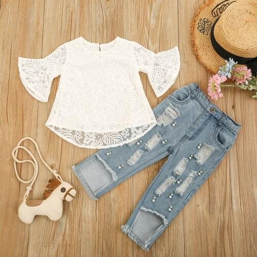 Toddler Girls Casual Clothes Sets Round Neck Flared Sleeve Flower Leaves Lace Tops + Ripped Jeans Childrens Sets