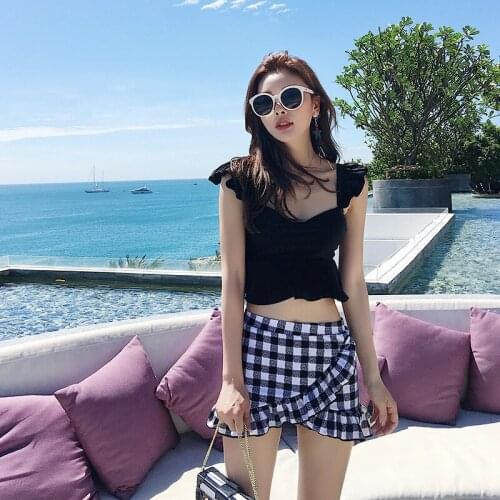 2021 Split Swimsuit Womens Skirt-style Flat Angle Cover Belly Steel Ring High Waist Girl Black Plaid Thin Two-piece Suit XL
