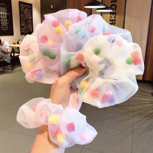 Girls Cute Colorful Small Balls Chiffon Scrunchie Ponytail Holder Sweet Hair Band Headband Hair Tie Kid Fashion Hair Accessories