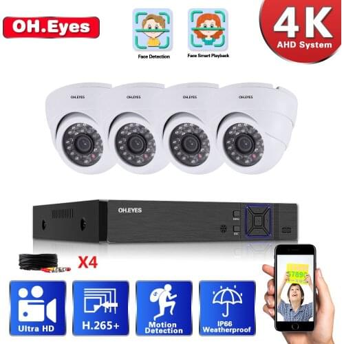 OH.EYES H.265 4K CCTV Camera System 4CH DVR 4*8MP Face Detection Camera 4CH 6 in 1 DVR Infrared AHD Camera Security System Kit