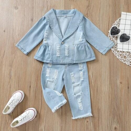 2Pcs Toddlers Tracksuits Spring Autumn, Denim Lapel Long Sleeves Button Coat + Frayed Ripped Jeans with Belt for Girls