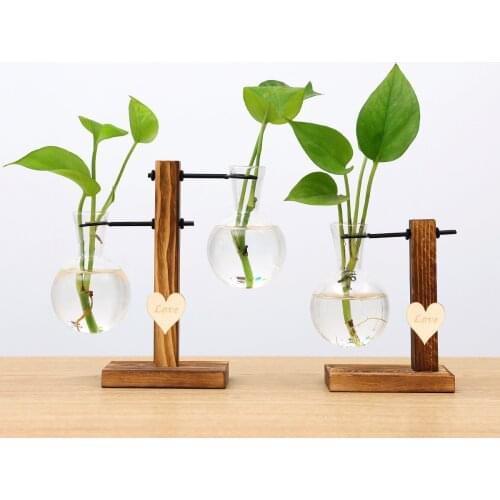Glass and Wood Vase Planter Terrarium Table Desktop Hydroponics Plant Bonsai Flower Pot Hanging Pots with Wooden Tray Home Decor