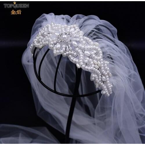 TOPQUEEN VS26A Wedding Bridal Veil Crystal Pearls Veil with Crystal Rhinestone Edge Veils Wedding Crystal Beaded Bling