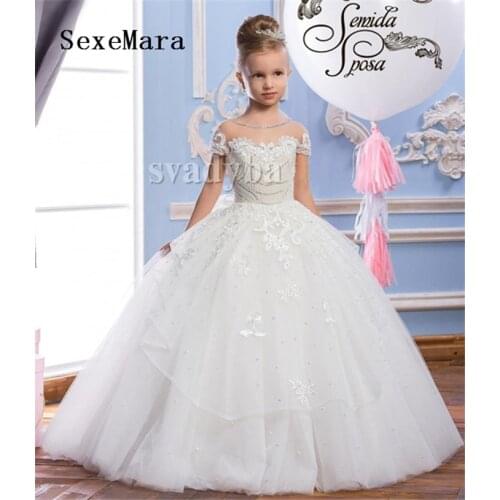Vintage Arabic Princess Flower Girl Dresses for Wedding Ball Gown Lace Pearls Beading Ball Gown Girls First Communion Dress