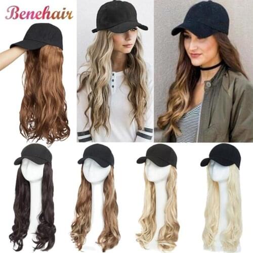 BENEHAIR Baseball Cap With Hair Long Wavy Fake Hair Hat Wig Synthetic Hair Extensions Hat With Hair Natural Hairpiece For Women