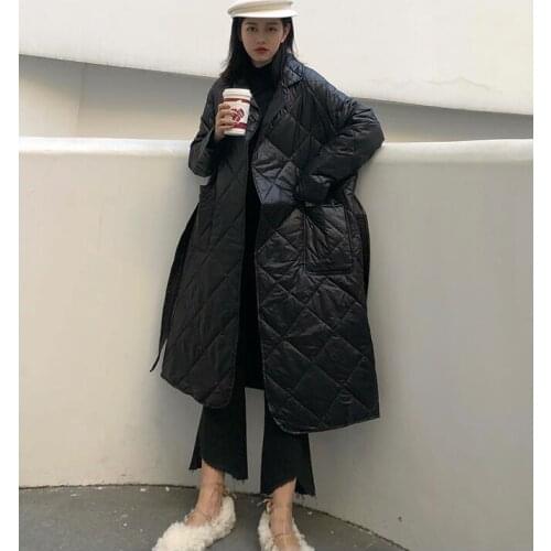 Winter Jacket Women Plus Size Loose Cotton Coat Thin Down Cotton Parka Long Winter Coat Female Fashion Glossy Belt Warm Overcoat