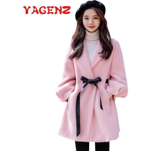YAGENZ Autumn Faux mink Wool Coat Women Long Casual Turn-down Collar Woolen Jackets Female Solid Buttons Blends Outerwears 650