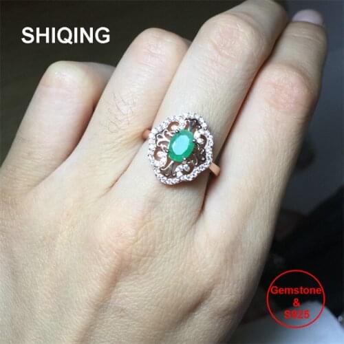 SHIQING Nature 1ct genuine green emerald 925 sterling silver flower art deco vintage boutique ring for women