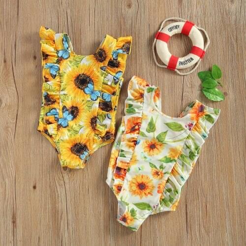 Foohoostore Kids Baby Girls One-Piece Swimsuits Sunflower Print Round Neck Sleeveless Ruffle Swimwear for Girls