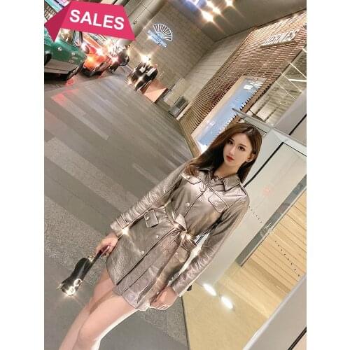 Long locomotive PU leather clothes wear with womens windbreaker bronze gold handsome new womens coat