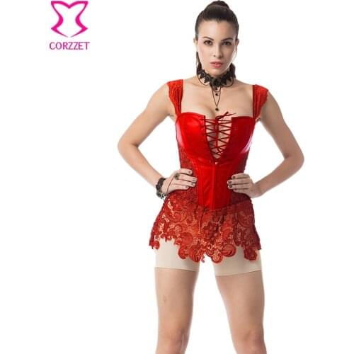 Red Leather With Hollow Out Floral Lace Sexy Steampunk Corset Plus Size 6XL Gothic Lingerie Burlesque Clothing Korsett For Women