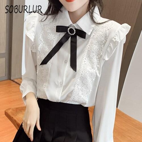 SOBURLUR Summer White Shirt Crop top Woman Clothing Womens Blouses Lace Up Japanese school uniform Tunics Blousas LGirls Lady