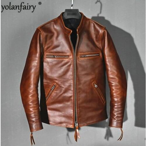 2020 Retro Genuine Leather Jacket Men Spring Autumn Real Cow Leather Coat Slim Fit Vintage Motorcycle Jacket Cowhide KJ4168