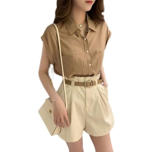 Gentle windSummer Two Piece Set Casual Outfit Suits WomenShort sleeve Shirt Blouse + Casual Shorts belt fashion2 Piece Sets