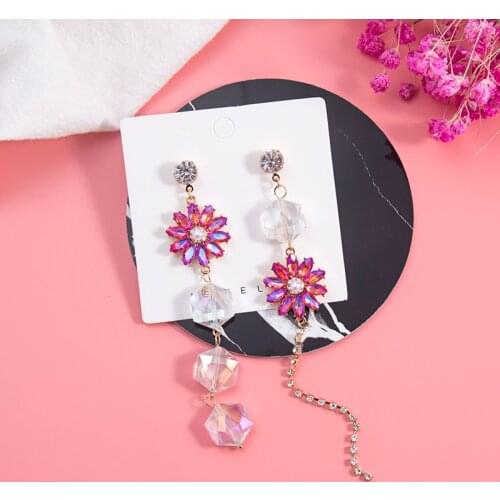 New Charm Pink Crystal Flower Long Shiny Rhinestone Tassel Dangle Earrings Fashion Women Drop Earrings Jewelry 5C4003