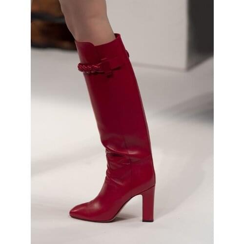 Chunky Heel Knee High Boots Patent Leather Custom Made Square Toe Hiden Zip Boot Women Braid Strap Fashion New Arrivas Shoes