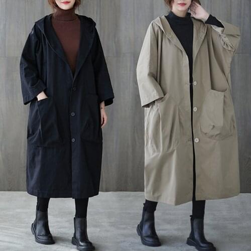 Spring Autumn Trench Coat Women Windbreaker Plus Size Big Pocket Cloak Single-Breasted Overcoat Long Hooded Outerwear Female