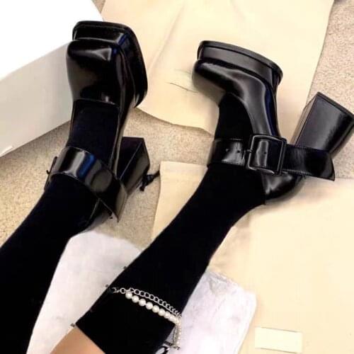 Chic Black Ankle Straps Mary Jane Shoes Female 2021 Autumn High-heeled Retro Thick-heeled Patent Leather Square Toe Shoes